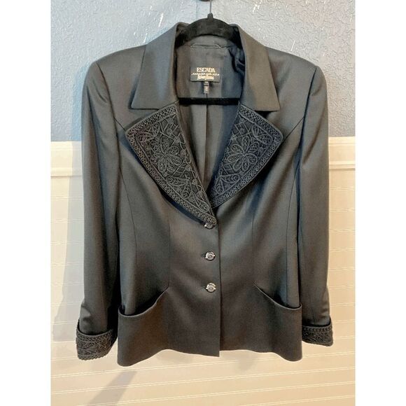 Escada Women's Embroidered Collar Front Pocket Button Closure Blazer Black - Picture 7 of 11